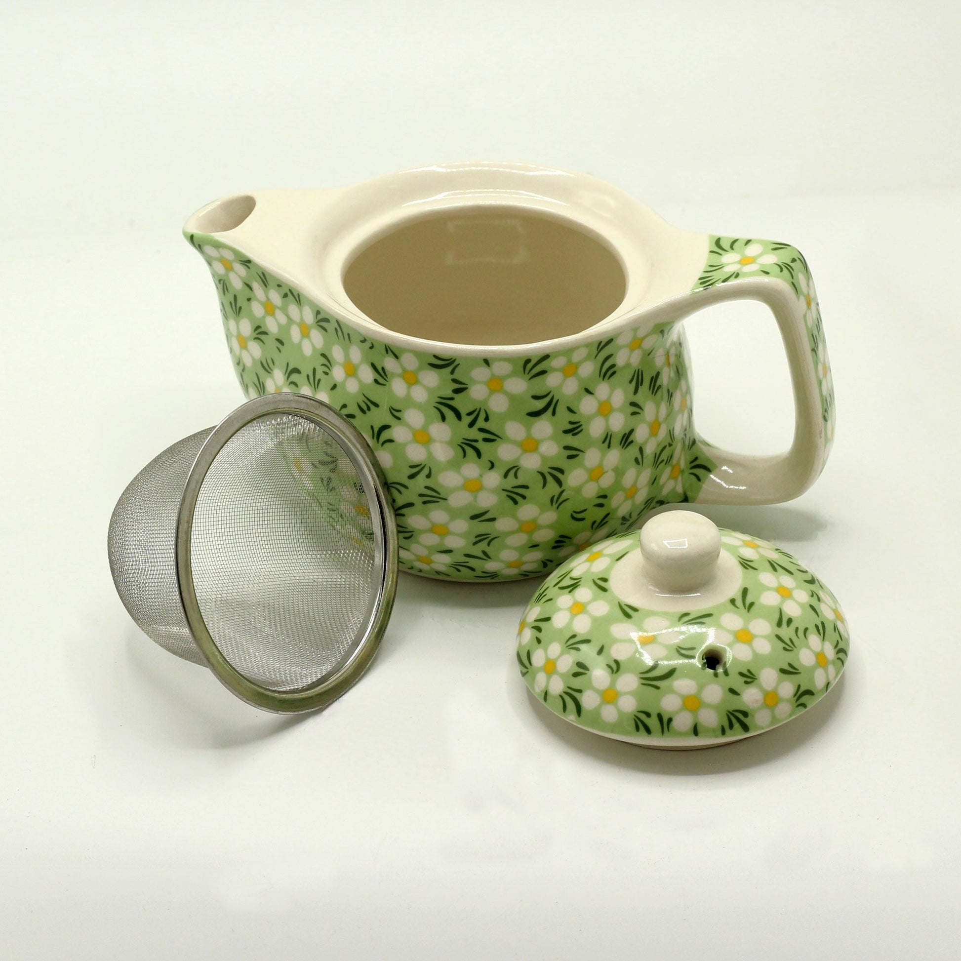 Ceramic Herbal Teapot – Green Daisy 350ML with lid and metal strainer, green daisy floral ceramic teapot for loose-leaf brewing