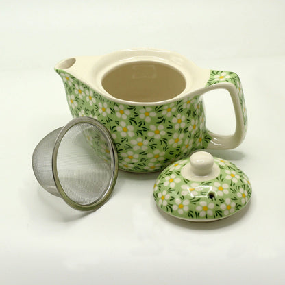 Ceramic Herbal Teapot – Green Daisy 350ML with lid and metal strainer, green daisy floral ceramic teapot for loose-leaf brewing