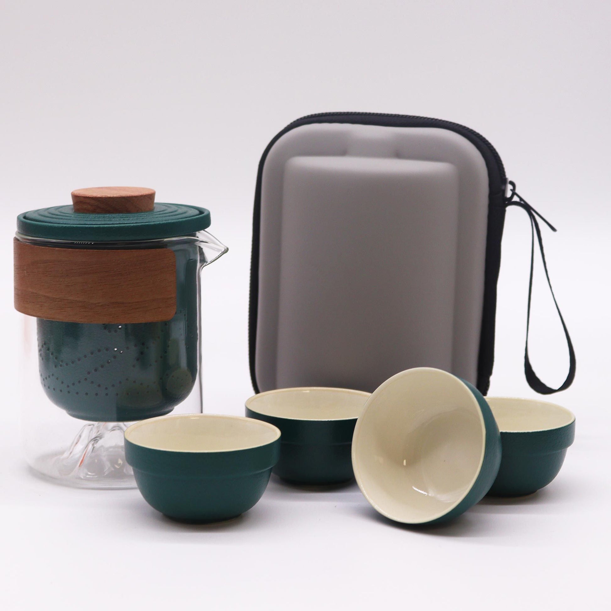 Ceramic Herbal Teapot Set – 300ML with 4 Cups, travel teapot with removable infuser, 4 small cups and carrying case