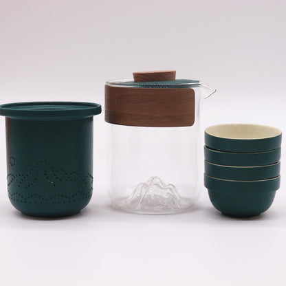 Ceramic Herbal Teapot Set – 300ML with 4 Cups, tetera con tapa e infusor y 4 tazas apilables en estuche de viaje