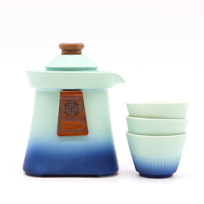 Alt Tag: Ceramic Herbal Teapot Set – Blue Heaven Edition blue ceramic teapot with wooden lid and three matching teacups
