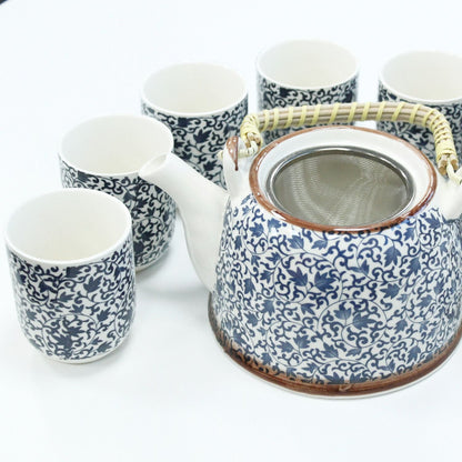 Alt Tag: Ceramic Herbal Teapot Set – Blue Pattern, 6 Cups with ceramic teapot, built-in strainer, and six matching cups
