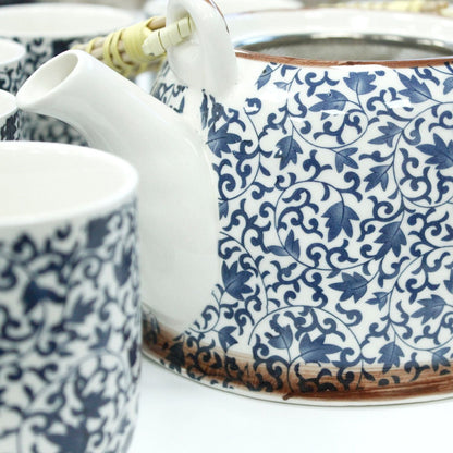 Alt Tag: Ceramic Herbal Teapot Set – Blue Pattern, 6 Cups, close-up of ceramic teapot spout and matching cup with blue floral pattern