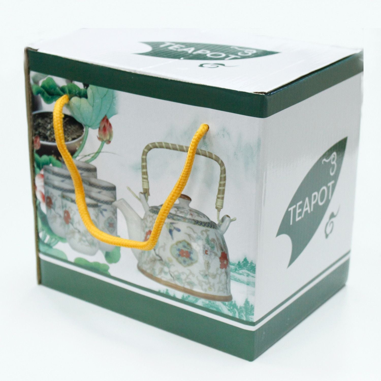 Alt Tag: Ceramic Herbal Teapot Set – Blue Pattern, 6 Cups packaging box with teapot illustration and yellow rope handle