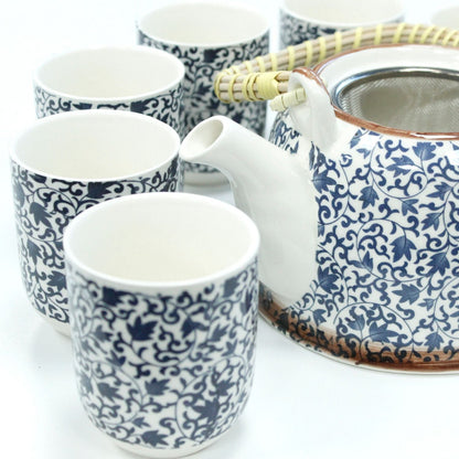 Alt Tag: Ceramic Herbal Teapot Set – Blue Pattern, 6 Cups with ceramic teapot and matching blue pattern cups