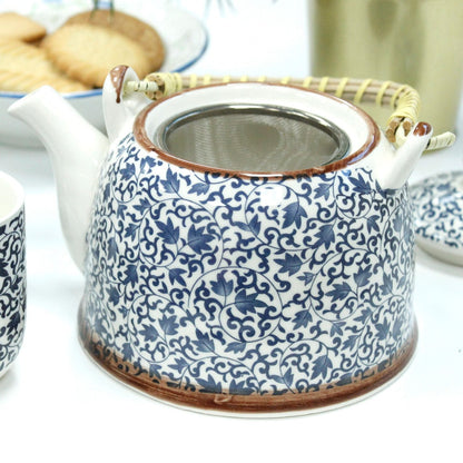Alt Tag: Ceramic Herbal Teapot Set – Blue Pattern, 6 Cups ceramic teapot with blue floral pattern, built-in infuser, close-up