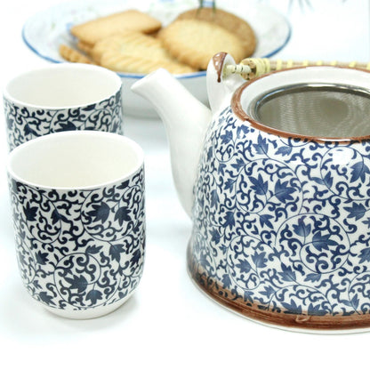 Ceramic Herbal Teapot Set – Blue Pattern, 6 Cups with ceramic teapot, metal infuser and matching blue patterned cups