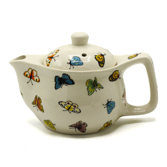 Ceramic Herbal Teapot Set – Butterflies 350ML ceramic teapot with colorful butterfly design, lid and handle, white background