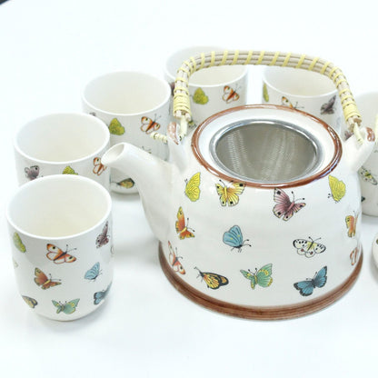 Alt Tag: Ceramic Herbal Teapot Set – Butterflies – 6 Cups ceramic teapot with butterfly design, built-in infuser and six matching cups