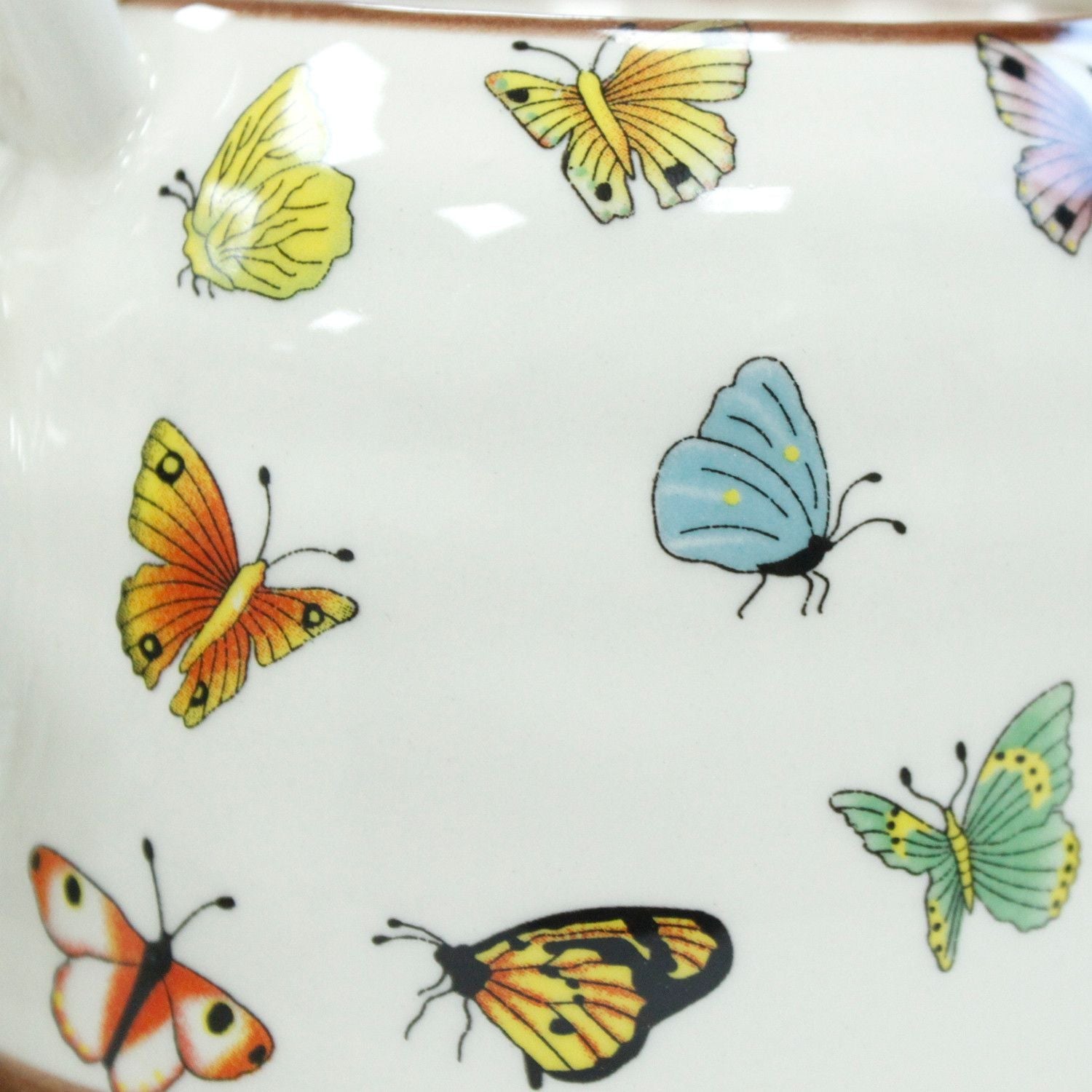 Ceramic Herbal Teapot Set – Butterflies – 6 Cups, close-up of ceramic cup with colorful butterfly pattern