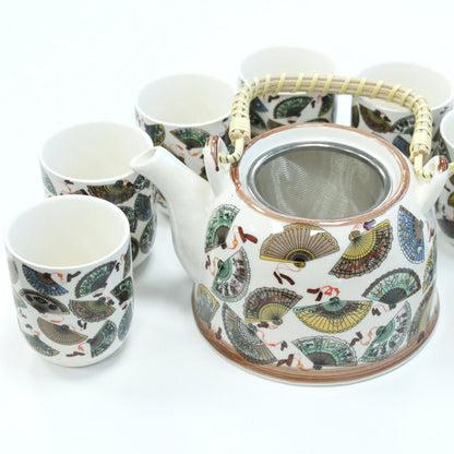 Alt Tag: Ceramic Herbal Teapot Set – China Fans Design ceramic teapot with metal strainer and six matching cups, fan pattern