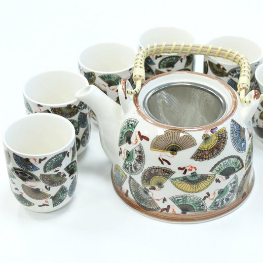 Alt Tag: Ceramic Herbal Teapot Set – China Fans Design ceramic teapot with metal strainer and six matching cups, fan pattern