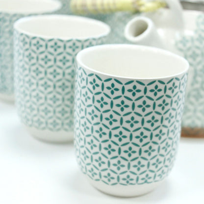 Ceramic Herbal Teapot Set – Green Mosaic with 6 Cups ceramic tea cups with green mosaic pattern, close-up