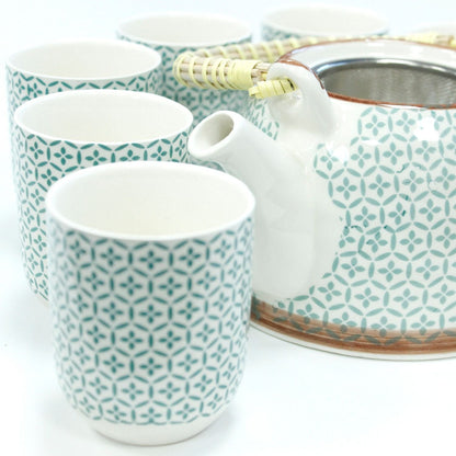 Ceramic Herbal Teapot Set – Green Mosaic with 6 Cups, ceramic teapot with metal strainer and six patterned cups