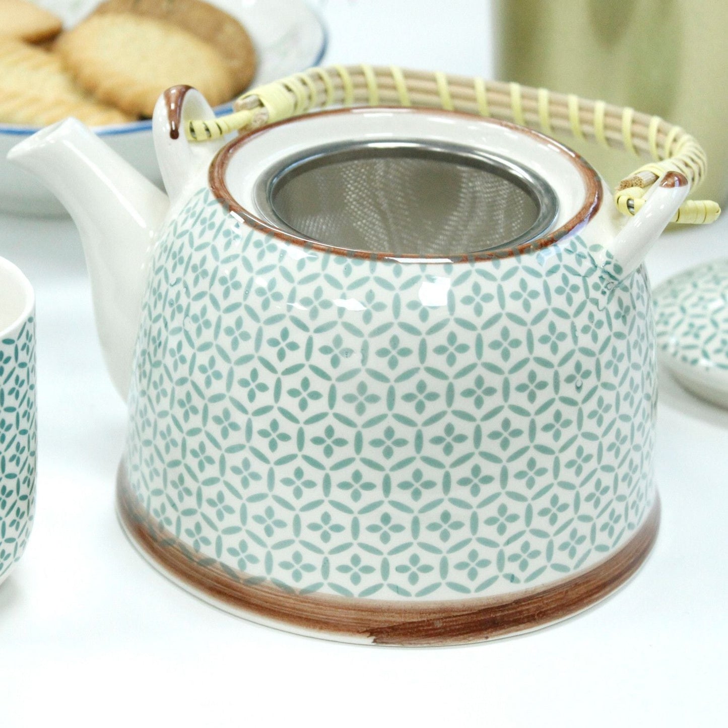 Alt Tag: Ceramic Herbal Teapot Set – Green Mosaic with 6 Cups ceramic teapot with metal strainer and green mosaic pattern