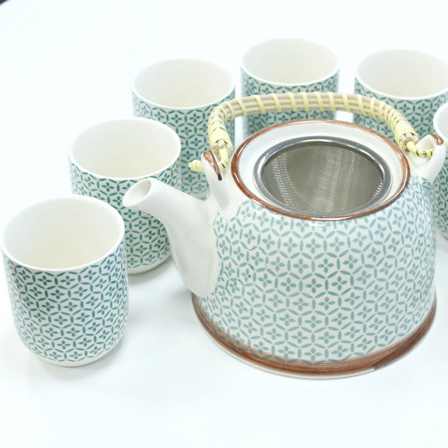 Ceramic Herbal Teapot Set – Green Mosaic with 6 Cups with metal strainer and 6 ceramic cups, green mosaic pattern