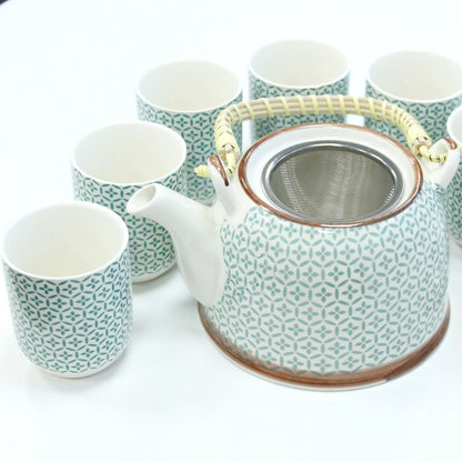Ceramic Herbal Teapot Set – Green Mosaic with 6 Cups with metal strainer and 6 ceramic cups, green mosaic pattern