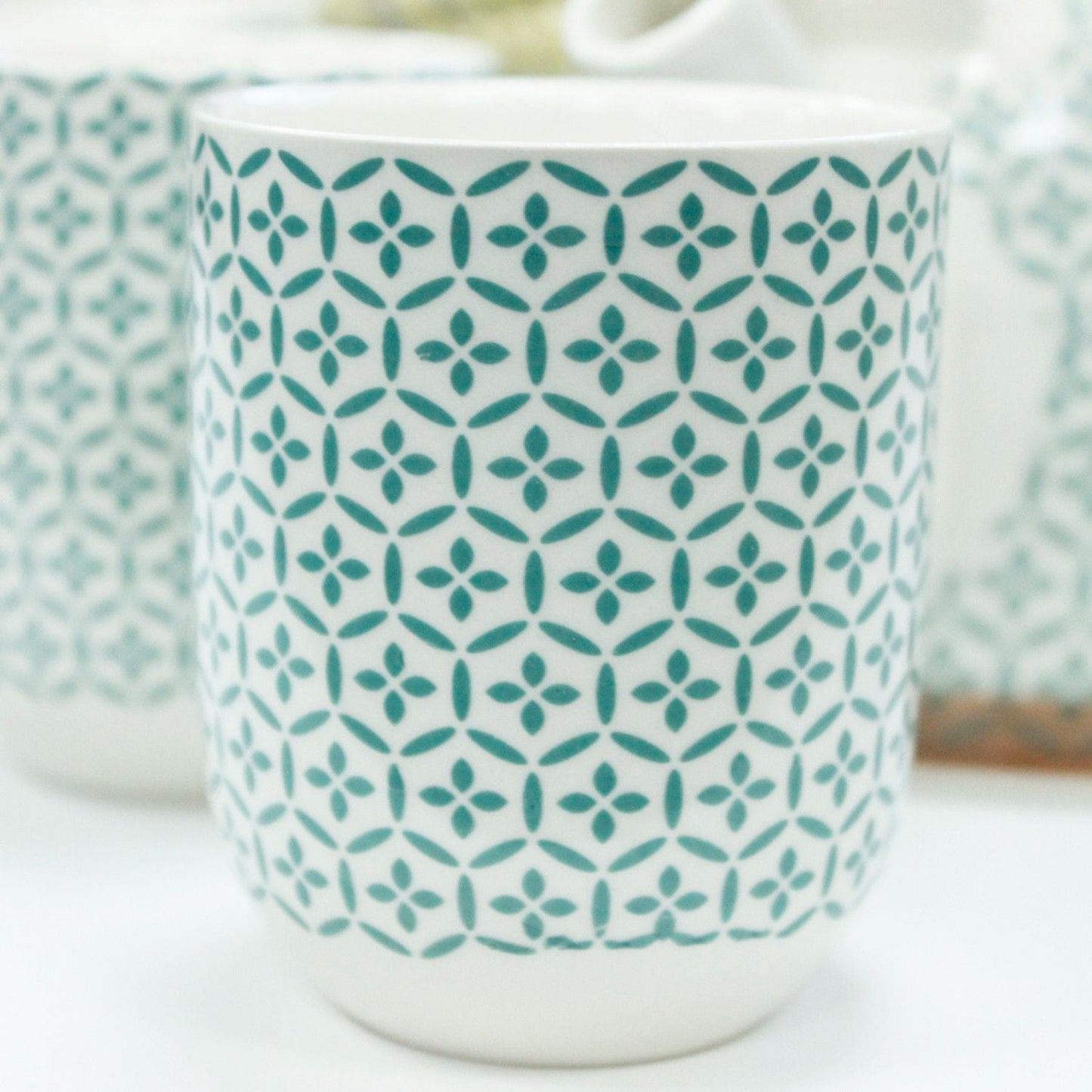 Alt Tag: Ceramic Herbal Teapot Set – Green Mosaic with 6 Cups ceramic cup close-up, green mosaic pattern, 190 ml tea cup