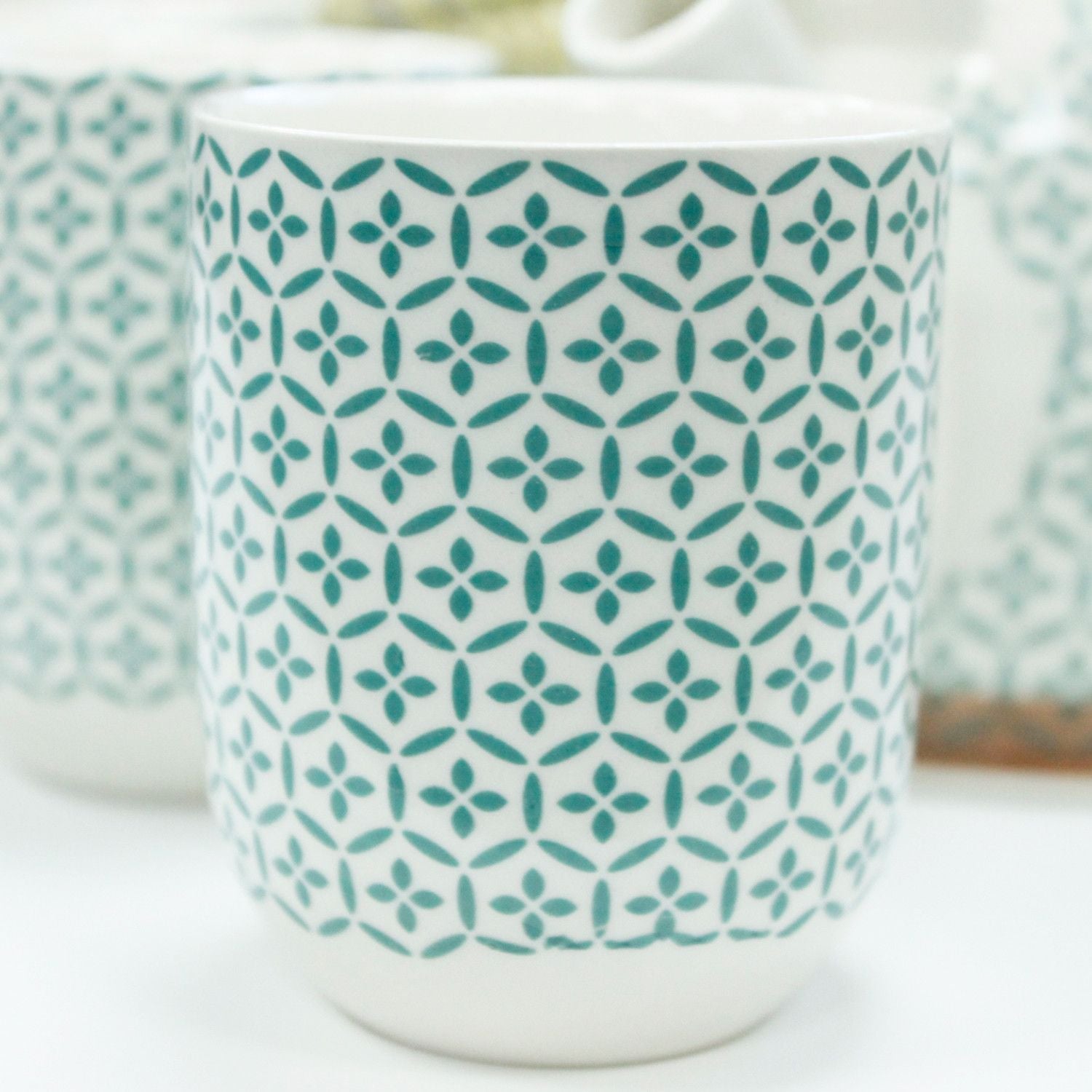 Alt Tag: Ceramic Herbal Teapot Set – Green Mosaic with 6 Cups ceramic cup close-up, green mosaic pattern, 190 ml tea cup