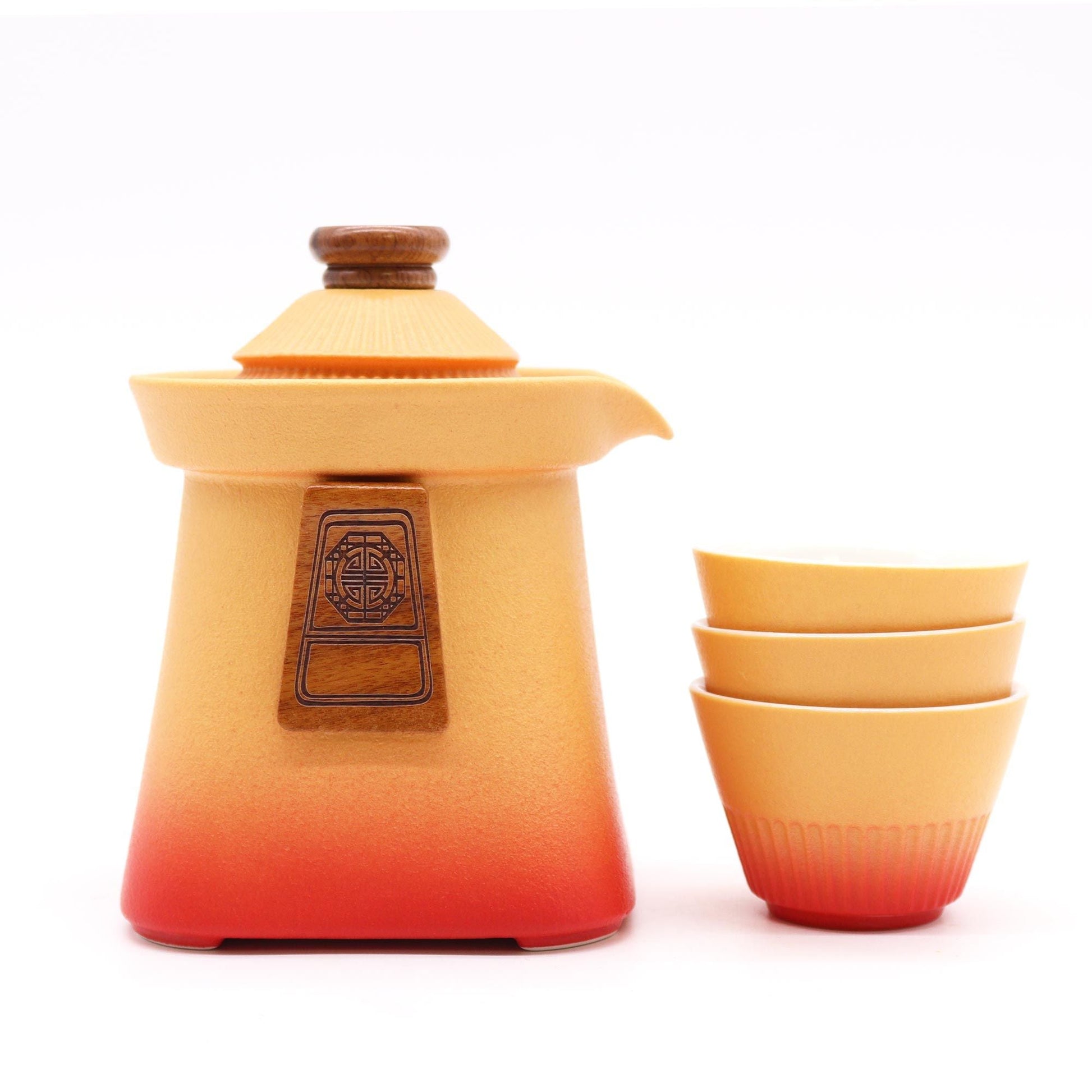 Ceramic Herbal Teapot Set – Orange Earth – 3 Cups with ceramic teapot and three orange cups, gradient orange-red finish