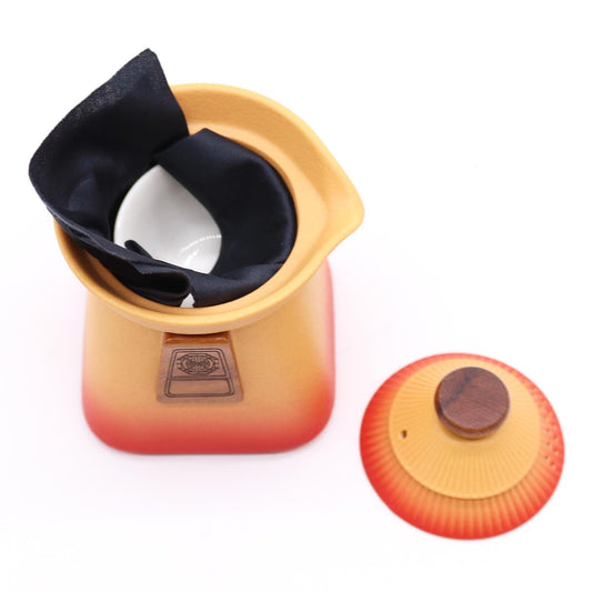 Alt Tag: Ceramic Herbal Teapot Set – Orange Earth – 3 Cups ceramic teapot with lid and infuser cloth, orange gradient finish