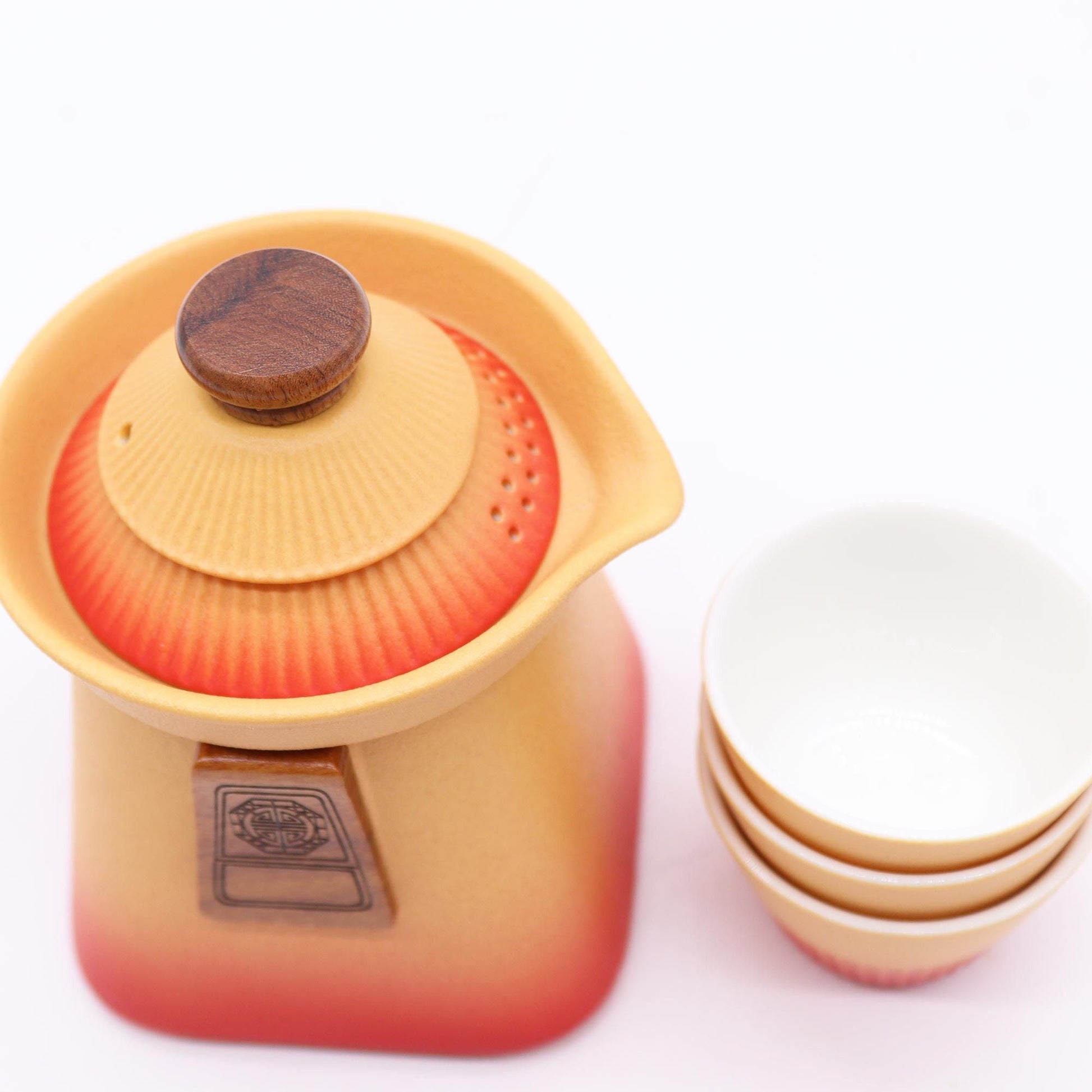 Ceramic Herbal Teapot Set – Orange Earth – 3 Cups with orange ceramic teapot and three matching cups