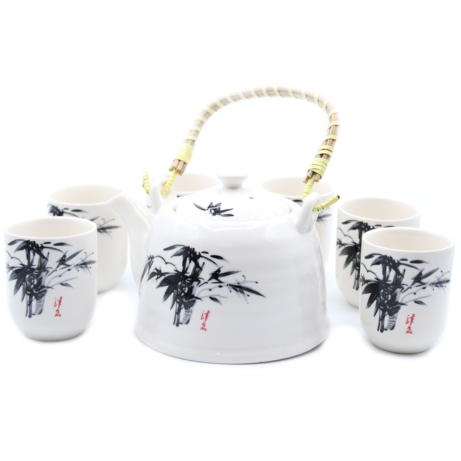 Ceramic Herbal Teapot Set – White Stone, 6 Cups con tetera de cerámica blanca y seis tazas con diseño de bambú