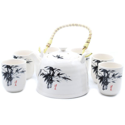Ceramic Herbal Teapot Set – White Stone, 6 Cups con tetera de cerámica blanca y seis tazas con diseño de bambú