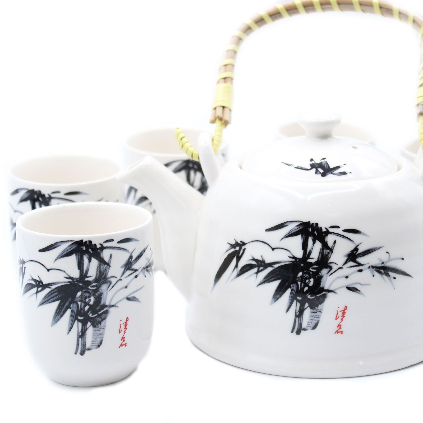 Ceramic Herbal Teapot Set – White Stone, 6 Cups with white ceramic teapot and cups, bamboo leaf design and woven handle