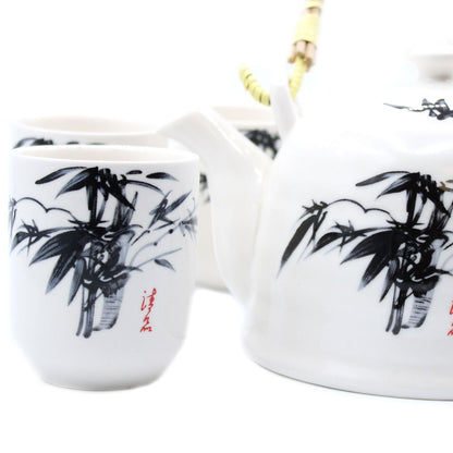 Ceramic Herbal Teapot Set – White Stone, 6 Cups con tetera y taza de cerámica blanca, diseño oriental de bambú en negro