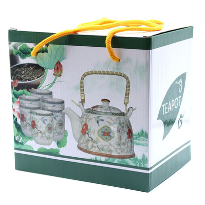 Alt Tag: Ceramic Herbal Teapot Set – White Stone, 6 Cups en caja de regalo, tetera de cerámica con diseño floral y seis tazas