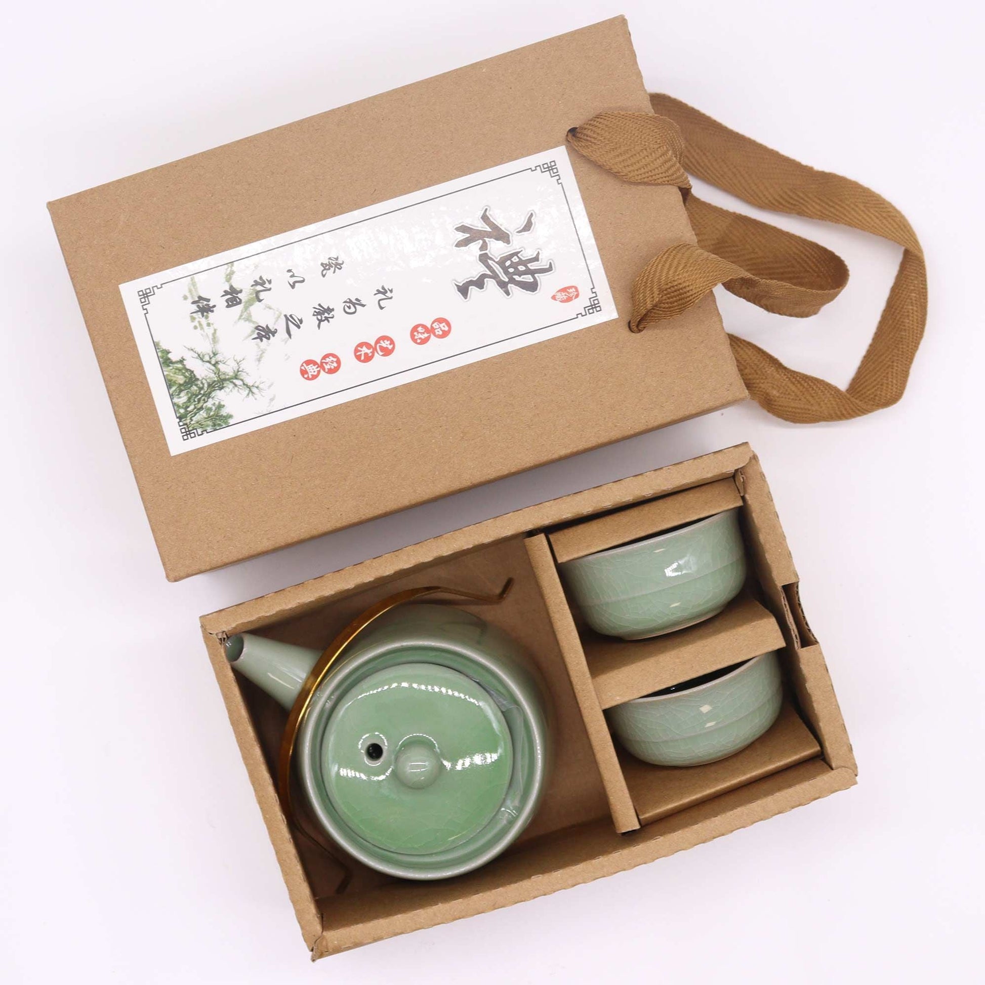 Alt Tag: Ceramic Jade Teapot Set – 11x9x8 CM en caja de regalo, tetera de cerámica verde jade con dos tazas y asa dorada