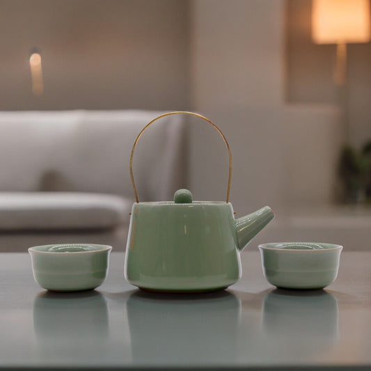 Alt Tag: Ceramic Jade Teapot Set – 11x9x8 CM, teapot cerámico verde jade con asa dorada y dos tazas a juego sobre mesa