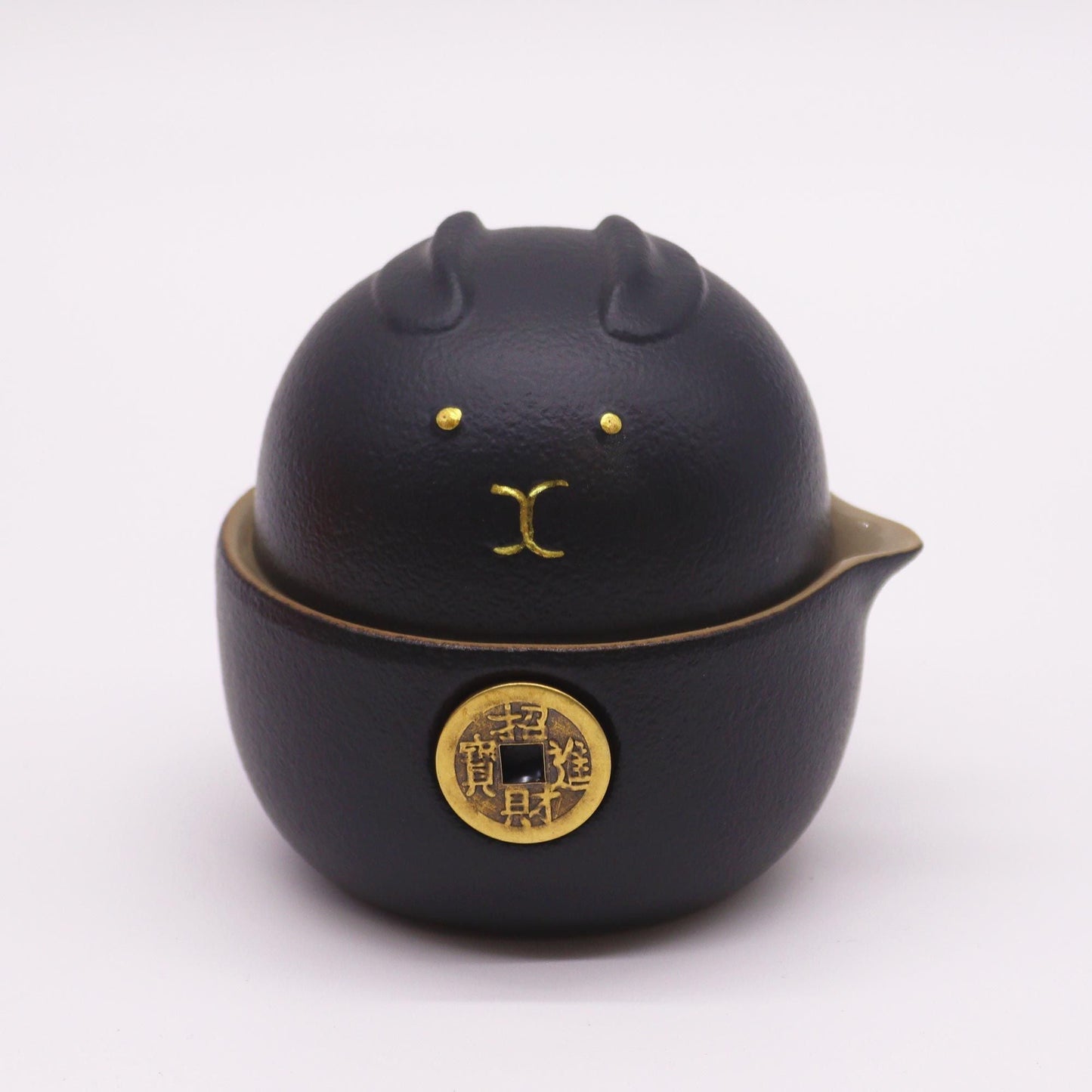 Alt Tag: Ceramic Money Cat Teapot Set – 2 Cups Black black ceramic money cat teapot with gold coin motif and lid, front view