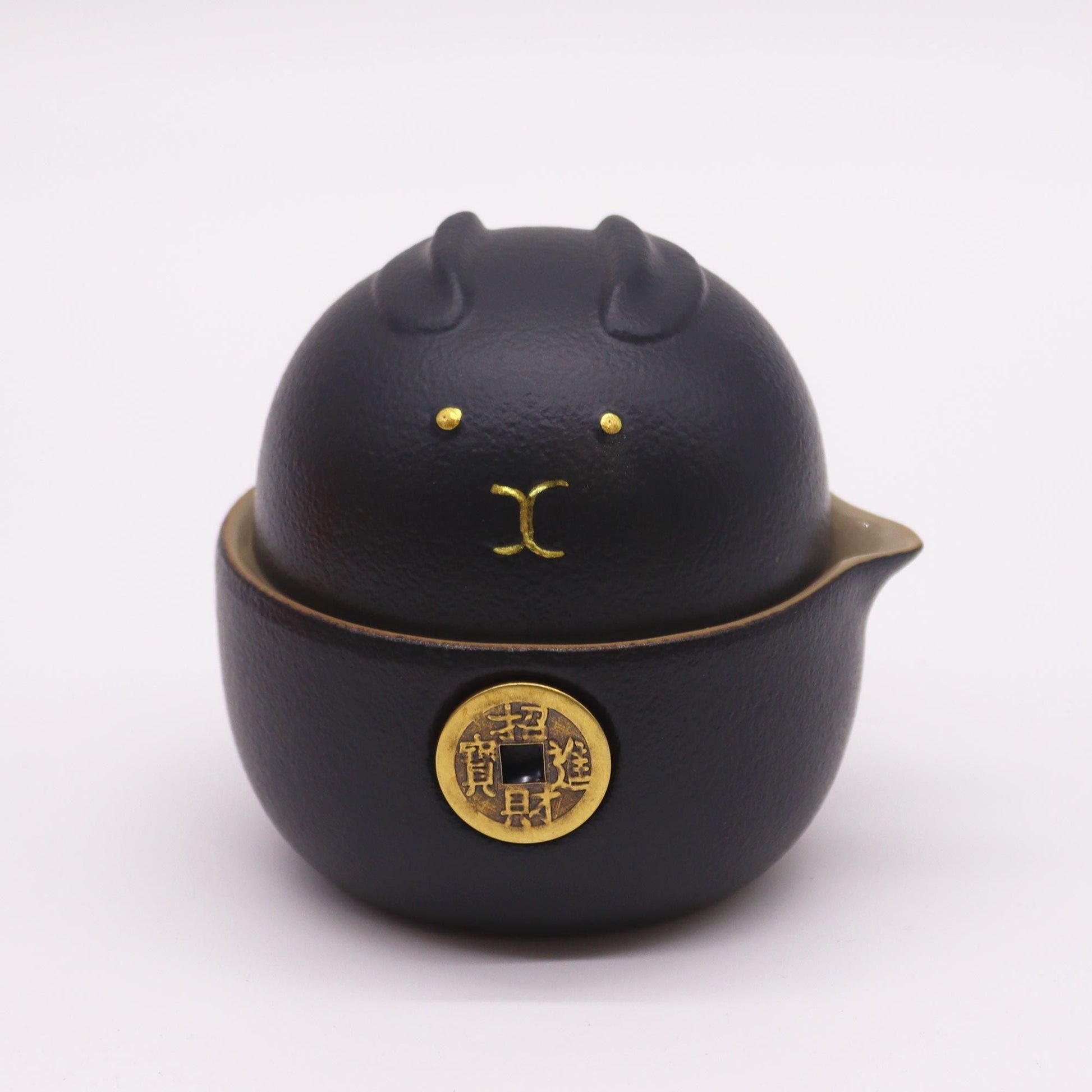 Alt Tag: Ceramic Money Cat Teapot Set – 2 Cups Black black ceramic money cat teapot with gold coin motif and lid, front view