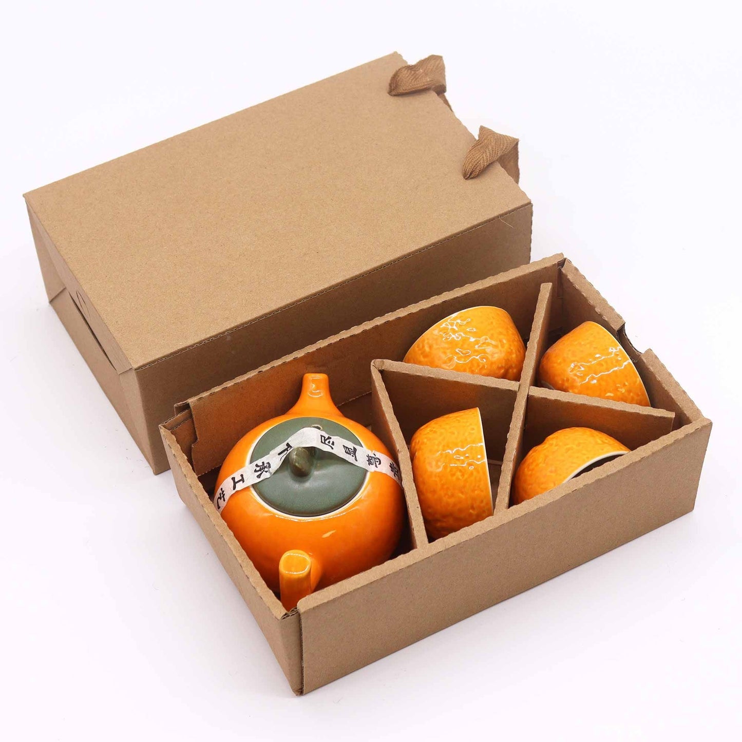 Ceramic Herbal Teapot Set – 200ML & 50ML Cups en caja de regalo, tetera cerámica naranja con cuatro tazas a juego
