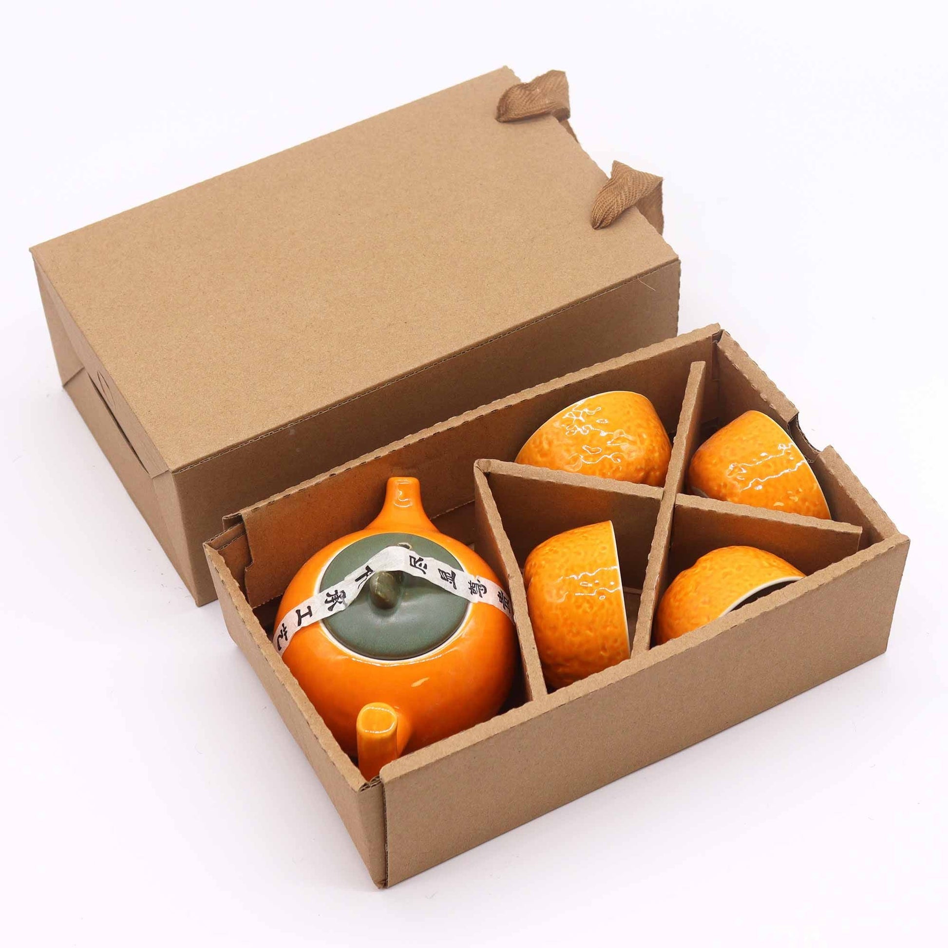 Ceramic Herbal Teapot Set – 200ML & 50ML Cups en caja de regalo, tetera cerámica naranja con cuatro tazas a juego