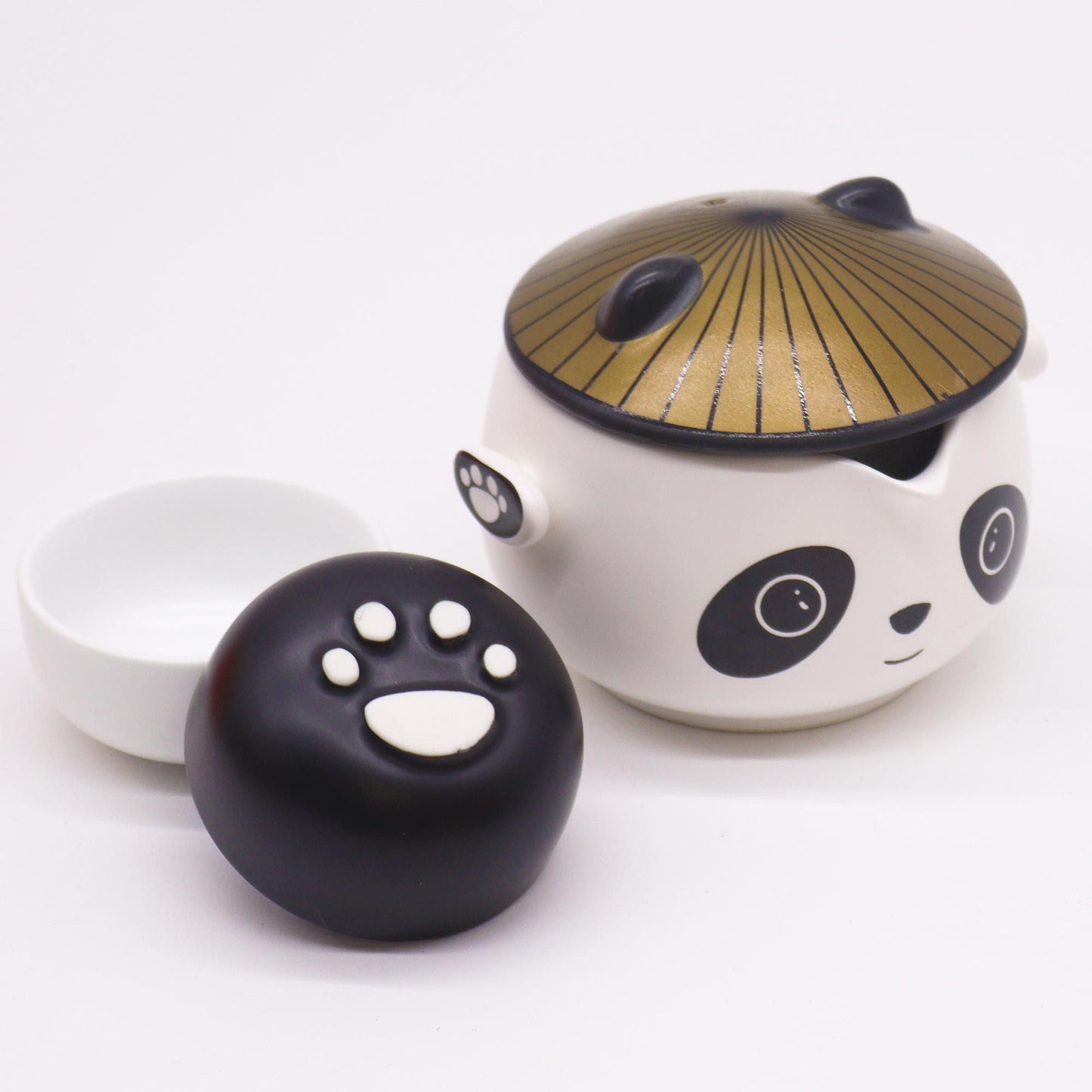 Alt Tag: Ceramic Herbal Teapot Set – 2 Cups & Travel Case with panda ceramic teapot, 2 cups and paw-print lid, travel-ready