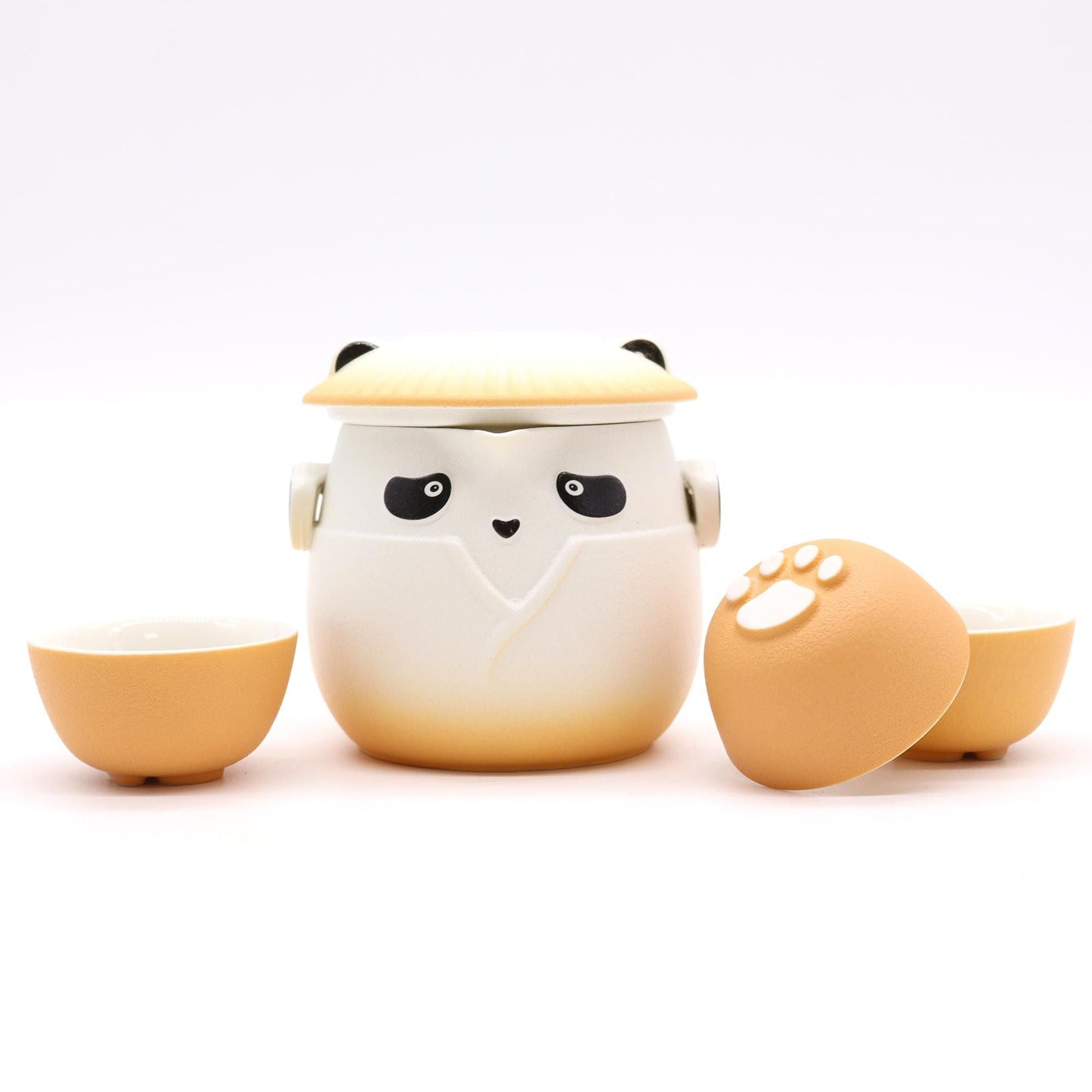 Ceramic Panda Teapot Set – Orange with ceramic panda teapot and three orange cups, playful panda design on white background