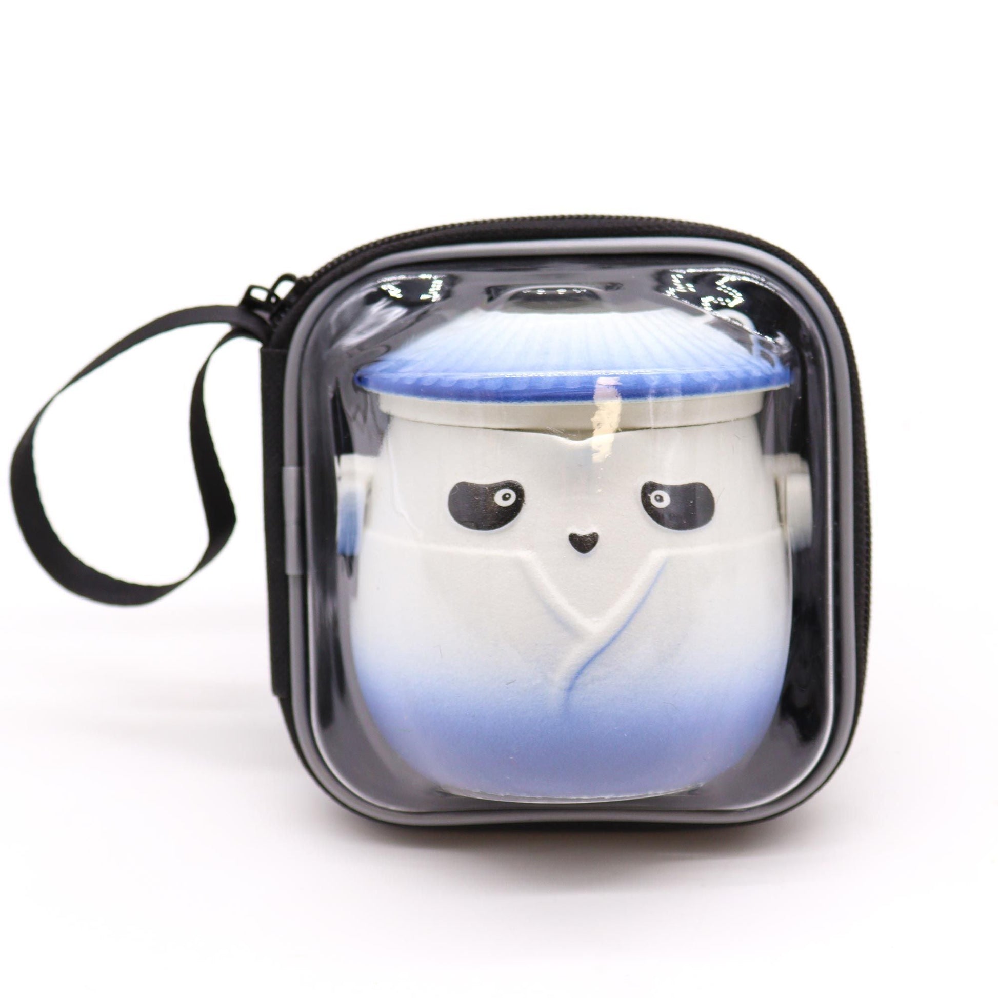 Ceramic Panda Teapot Set – Sky Blue in clear zip carry case, ceramic panda teapot with sky blue lid, front view