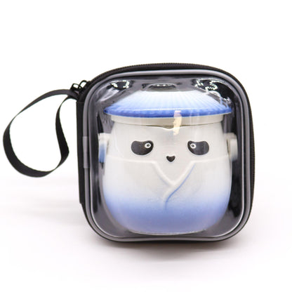 Ceramic Panda Teapot Set – Sky Blue in clear zip carry case, ceramic panda teapot with sky blue lid, front view