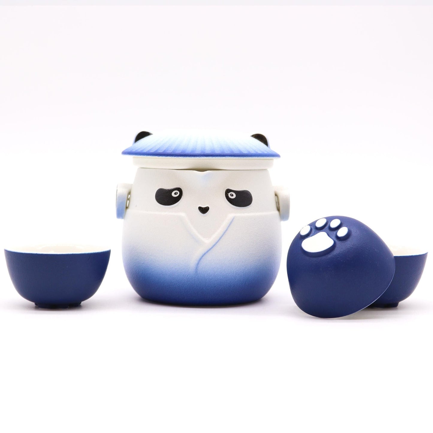 Alt Tag: Ceramic Panda Teapot Set – Sky Blue ceramic panda teapot with lid and two matching cups, white and sky blue gradient