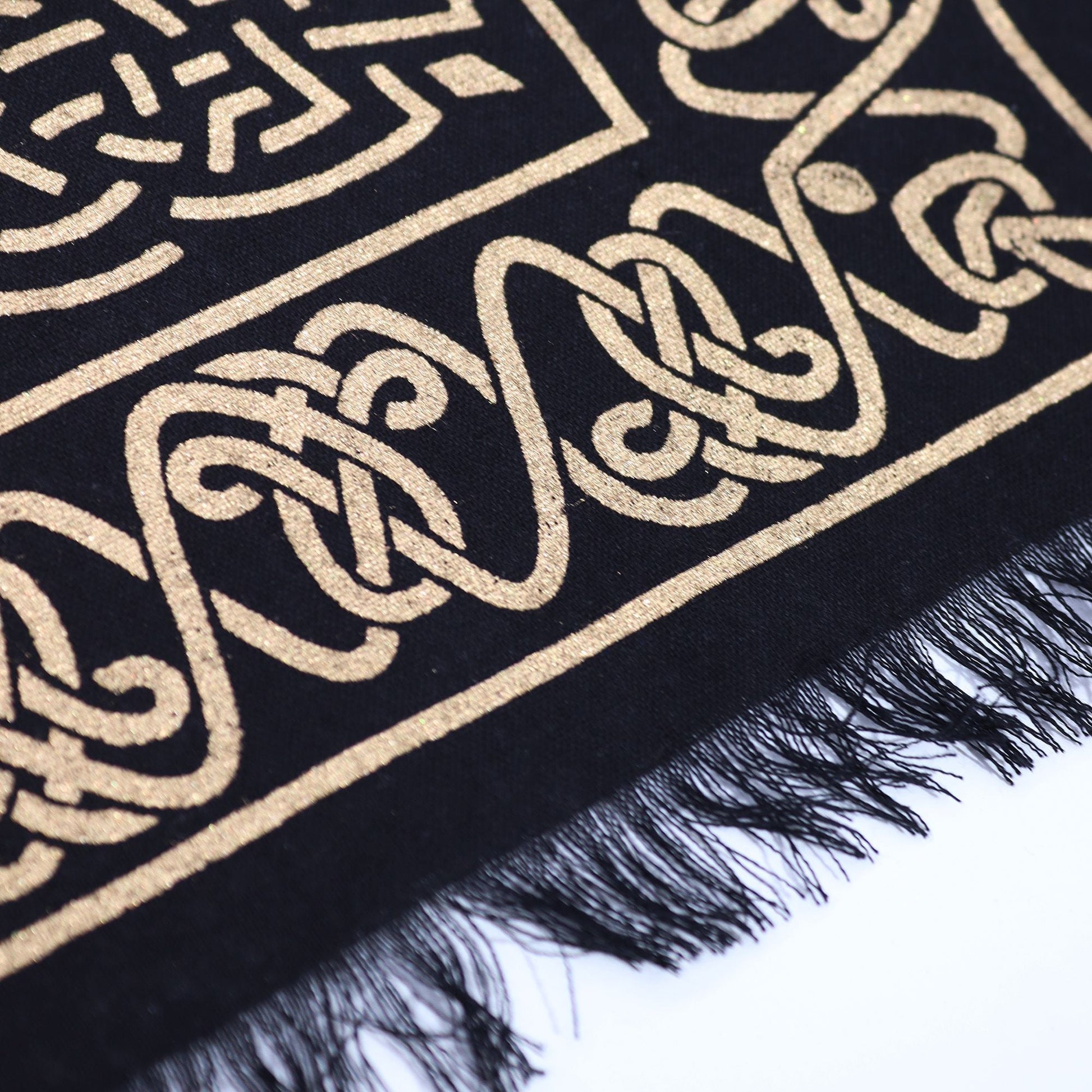 Chakra Chart Cotton Altar Cloth – 50x50 CM close-up of black cotton cloth with gold pattern and fringe edge