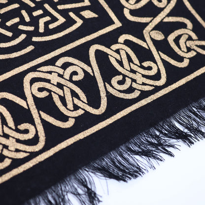Chakra Chart Cotton Altar Cloth – 50x50 CM close-up of black cotton cloth with gold pattern and fringe edge