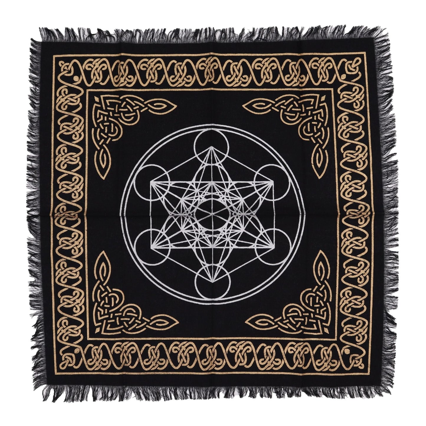 Alt Tag: Chakra Chart Cotton Altar Cloth – 50x50 CM black cotton altar cloth with gold border and sacred geometry center design