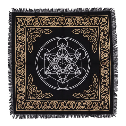 Alt Tag: Chakra Chart Cotton Altar Cloth – 50x50 CM black cotton altar cloth with gold border and sacred geometry center design