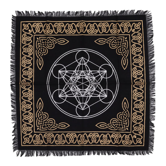 Alt Tag: Chakra Chart Cotton Altar Cloth – 50x50 CM black cotton altar cloth with gold border and sacred geometry center design