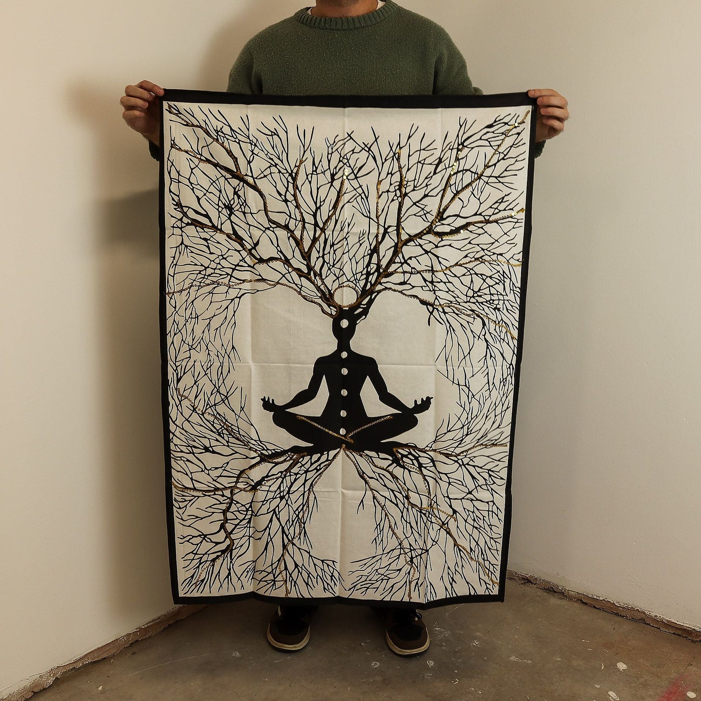 Alt Tag: Chakra Earth Connection Cotton Wall Art – 70 × 110 CM cotton wall hanging with meditating figure and branching tree design