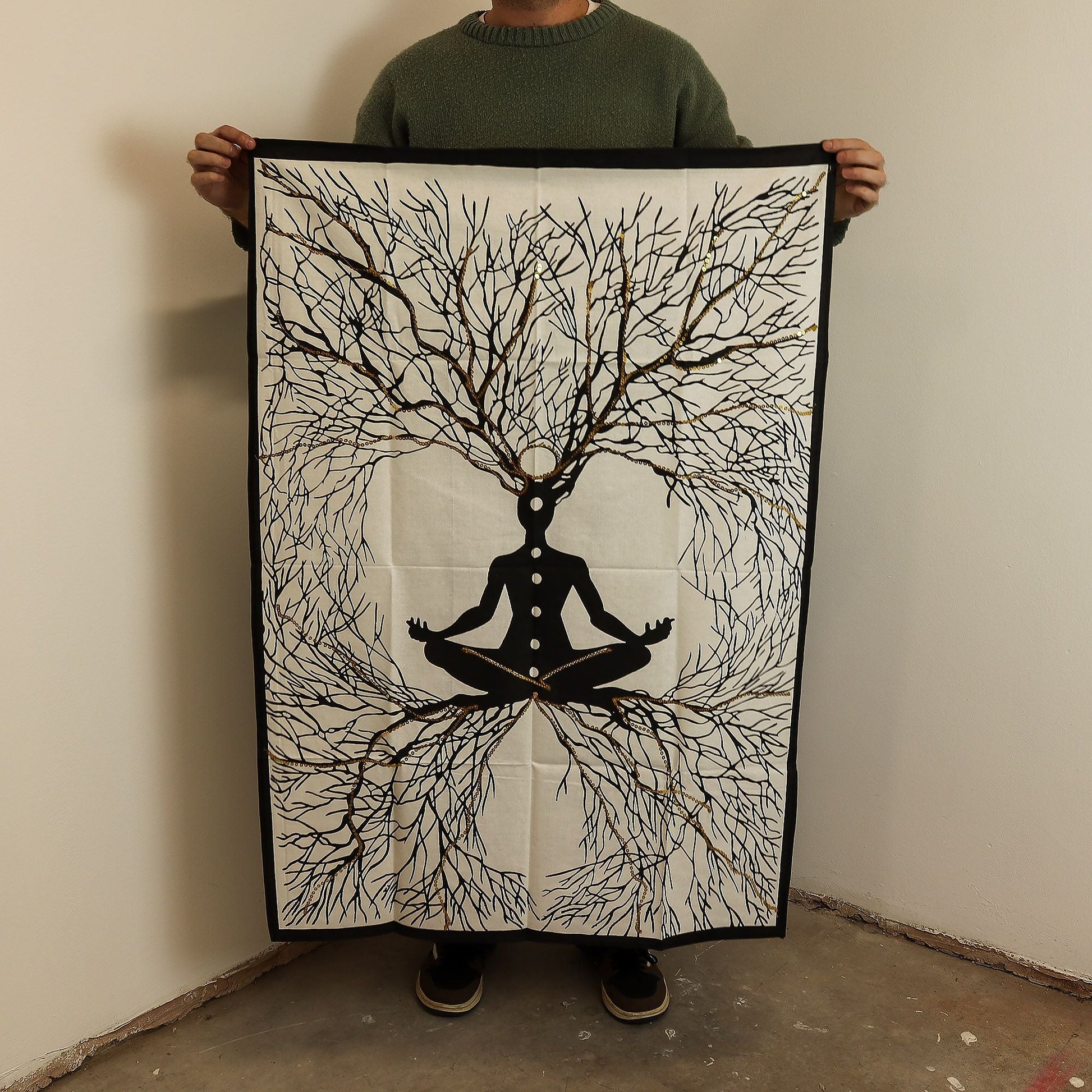 Alt Tag: Chakra Earth Connection Cotton Wall Art – 70 × 110 CM cotton wall hanging with meditating figure and branching tree design