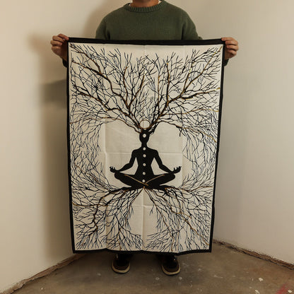Alt Tag: Chakra Earth Connection Cotton Wall Art – 70 × 110 CM cotton wall hanging with meditating figure and branching tree design